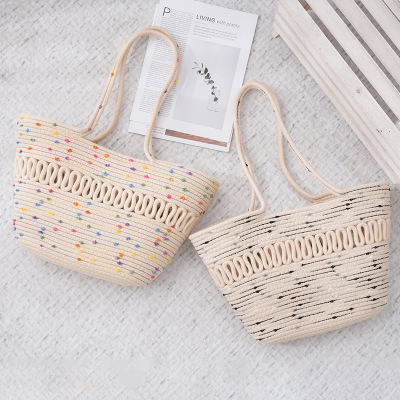 Trendy Women's Bags Hollow Design Colorful Polka Dot Handbag Crossbody Vegetable Basket Cotton String Bags Wholesale