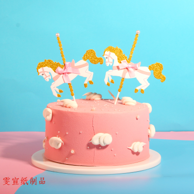 Wooden Horse Pearl Bow Happy Birthday Cake Plug-in Paper Products Party Decoration Supplies Factory Direct Sales