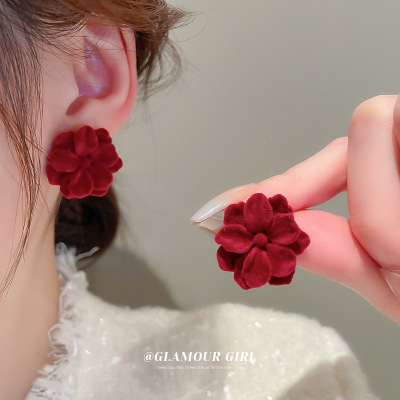 Flocking Flower Earrings French Retro Fashion Design Sense Earrings Niche Temperament Earrings Wholesale for Women