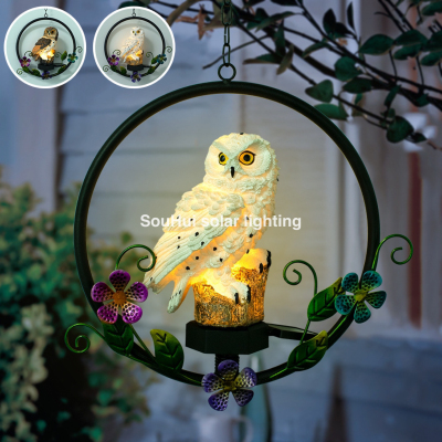 Owl Solar Resin Wrought Iron Hanging Lamp Outdoor Garden Courtyard Wind Chime Led Decorative Solar Chandelier