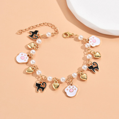 Europe and America Cross Border New Cute Cat Claw Pendant Bracelet for Girls Niche Simple Imitation Pearl Cat Bracelet for Women