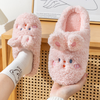 Cute Cotton Slippers Women's Autumn and Winter Plush Cartoon Home Indoor Non-Slip Soft Bottom Heel-Wrapped Plush Slippers Men