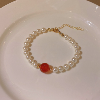 INS Trendy Fairy Temperamental Retro Baroque Pearl Bracelet Female Light Luxury Minority Red Bead Bracelets Hand Jewelry