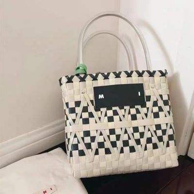 Trendy Women's Bags Ins Style Black and White Pp Woven Bag Moisture-Proof Plaid Striped Large Capacity Vegetable Basket