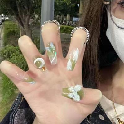 Wearable Self-Removable Handmade Nail Green Forest Manicure Handmade UV Nail Diamond-Embedded Light Luxury Manicure
