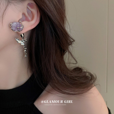 Rose Flower Double-Sided Stripe Earrings Korean Niche High-Grade Temperament Earrings Fashion Earrings Wholesale