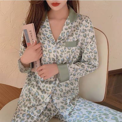 Spring And Autumn Pajamas Women 'S Silk Pink Leopard Print Temperament Korean Style Homewear Long-Sleeved Trousers Thin Suit One Piece Dropshipping