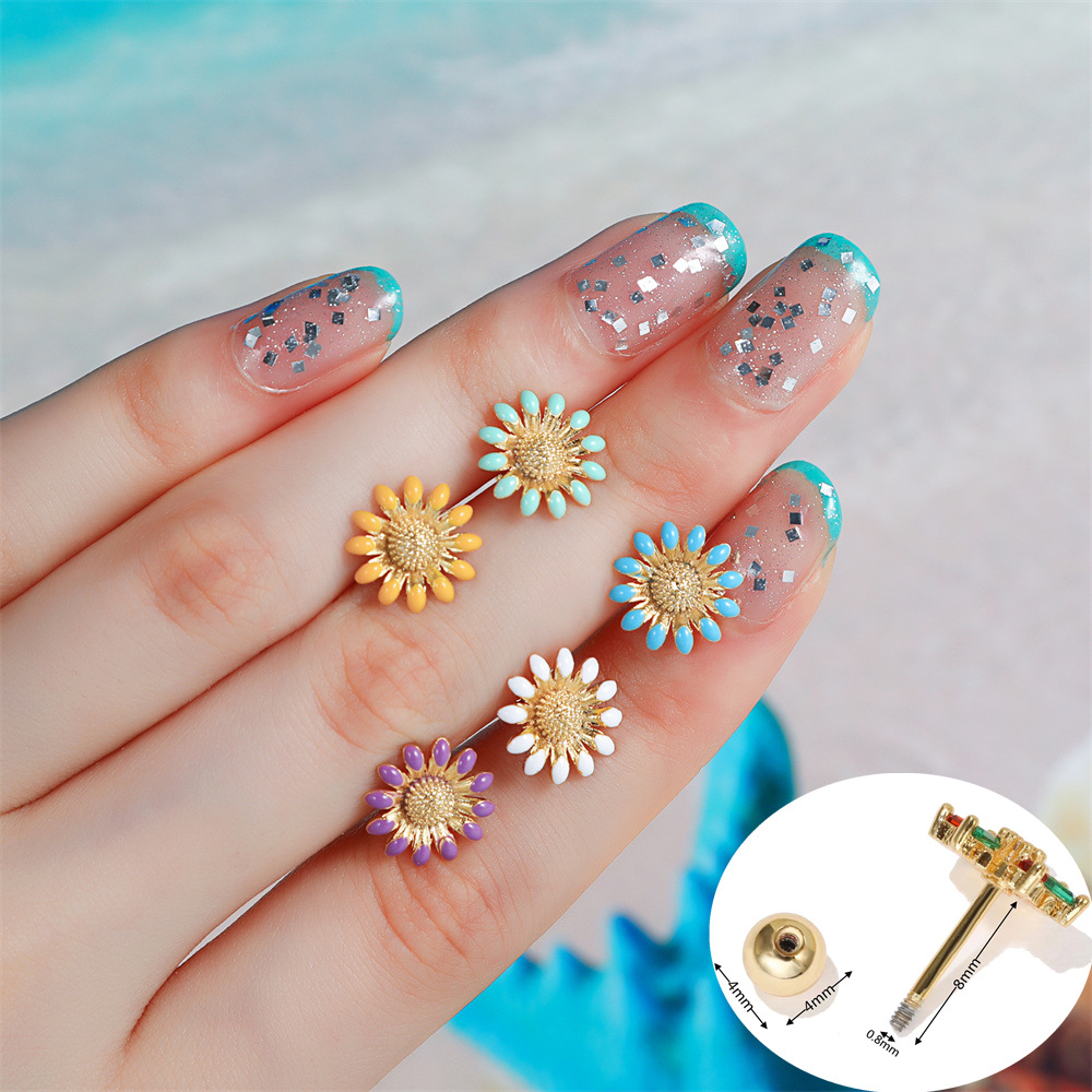 田园风向日葵滴油耳骨钉 复古花朵小耳饰不锈钢锁球穿刺耳钉