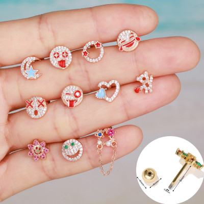 Cross-Border Oil Dripping Smiley Face Ear Bone Stud Stainless Steel Rod Puncture Twist Ball Ear Studs Creative Complex Hollow Ancient Earrings