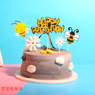 5PCs Bee Flowers Happy Birthday Cake Plug-in Cake Flag Inserts Cake Decoration Spanish Happy Birthday