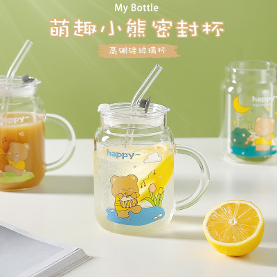 Bear Glass Borosilicate Scale Glass Lid Straw Home Office Gift