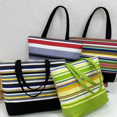 Large Capacity Simple Striped Canvas Bag Women's Ins Literary Lazy Summer Shopping Bag Handbag Large Shoulder Bag