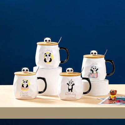 Creative Simple Panda Personalized Gift Mug with Cover Spoon Ceramic Drinking Cup Office Cute Coffee Cup