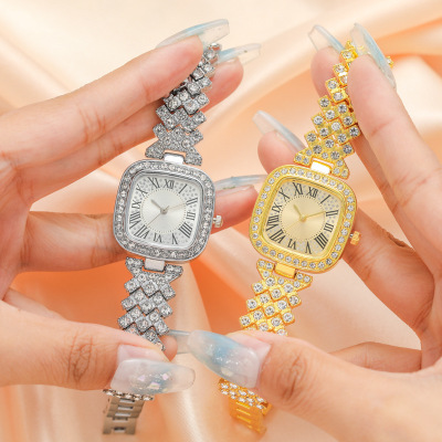 Full Diamond Women's Affordable Luxury Fashion Steel Belt Alloy Shell Watch New Square Rhinestone Roman Digital Dial Women's Watch