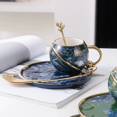 Creative Relief Planet Cup Afternoon Tea Cup and Saucer Starry Sky Gold-Plated Personality Drinking Cup Gift Coffee Cup Set