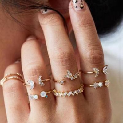 European and American Bohemian Diamond Ring Set Butterfly Flower Gold Ring Girls Retro 7-Piece Crystal Ring