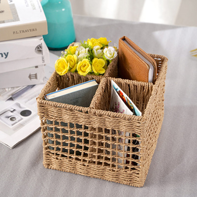 Desktop Stationery Storage Box Four Grid Paper String Weaved Storage Basket Sundries Whole Storage Basket Pen Container Wholesale