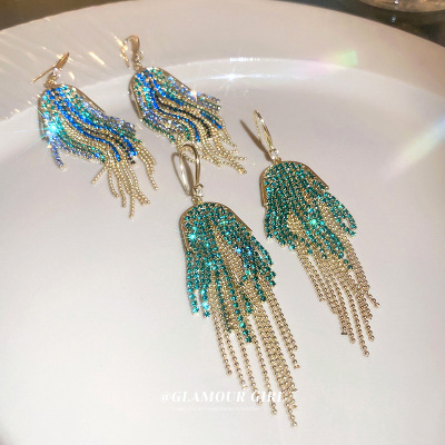 European and American Geometric Color Diamond Long Chain Tassel Earrings Exaggerated Light Luxury Earrings Fashion Generous Earrings Wholesale