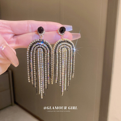 Silver Needle Geometric Diamond-Embedded Long Chain Tassel Earrings European and American Exaggerated Light Luxury High Sense Eardrop Earring Wholesale Women