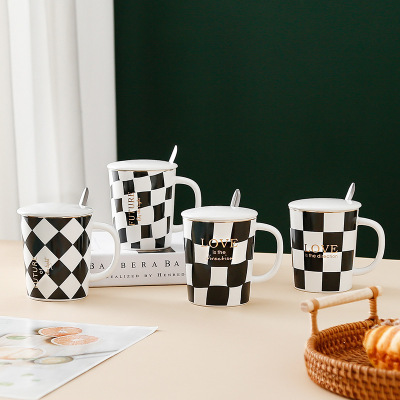 Creative Nordic Ceramic Cup Good-looking Irregular Black and White Chessboard Grid Mug Word Afternoon Tea Coffee Cup Household