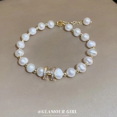 Zircon Letter Lovely Geometric Freshwater Pearl Bracelet Light Luxury High Sense Fashion Bracelet Ins Temperament Bracelet for Women