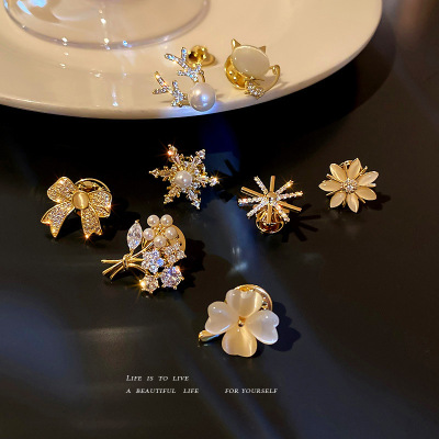Real Gold Plating Opal Zircon Pearl Kitten Brooch Bouquet Snowflake Clothing Simple High Sense Clothes Accessories