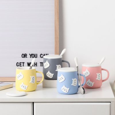 Creative Relief Cute Cat Ceramic Cup Mug with Cover Spoon Couple Cup Cartoon Coffee and Breakfast Cup Universal
