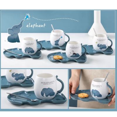 Creative Cute Cartoon Elephant Three-Dimensional Relief Ceramic Set Cup and Saucer Hand Punch Coffee Cup Set Office Home