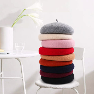 Autumn and Winter New Women's Wool Winter Hat Woolen Beret Student Warm Hat Painter Cap Pumpkin Hat Wholesale