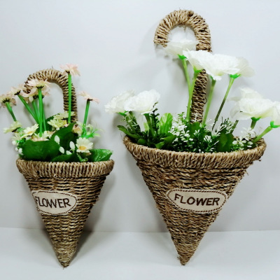 Handmade Grass Knitted Basket Half Side Hanging Basket Wall Hanging Home Umbrella-Shaped Umbrella-Shaped Storage Flower Arrangement Decoration Wall Hanging