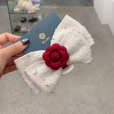 Korean Blush Hair Accessories Fabric Camellia Double Layer Bow Claw Clip
