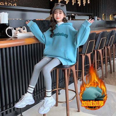 Girls' Fleece-Lined Sweater Winter 2022 New Medium and Large Children Korean Style Polar Fleece Thick Warm Hooded Top Parent-Child