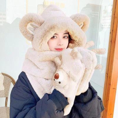 Bear Hat Korean Style Women's All-Match Autumn and Winter Internet Hot Scarf All-in-One Warm Keeping Gloves Scarf Three-Piece Set