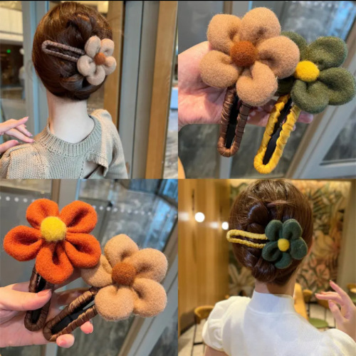 Autumn and Winter New Retro Plush Flower Barrettes Women‘s Back Head Updo Hair Claw Lazy Fellow Clip Temperament Shark Clip Hair Accessories