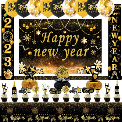 New Year Happy New Year Background Fabric 2023 Gold New Year Banner 12-Inch Black Gold Printed New Year Balloon