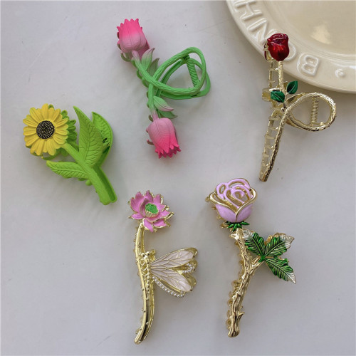 korean style metal colorful flower gripper fresh cute romantic shark clip advanced feeling back head updo hair accessories female