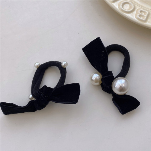 simple temperament black fabric bow beaded hair ring female ponytail rubber band vintage leather cover velvet hair accessories