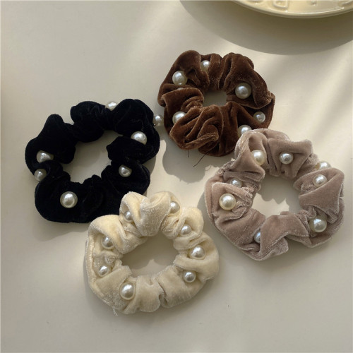 Autumn and Winter New Solid Color Velvet Beaded Large Intestine Ring ~ Fashion Retro French High-Grade Hair Ring Tie Hair Accessory for Ponytail