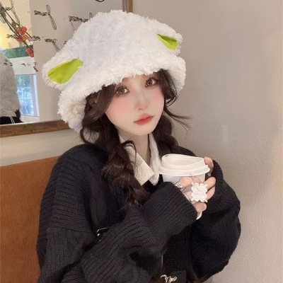 Internet Hot Sheep Got a Sheep Cap with Ears Female Autumn and Winter Cute Lamb Wool Bucket Hat Female Warm Plush Bucket Hat Tide