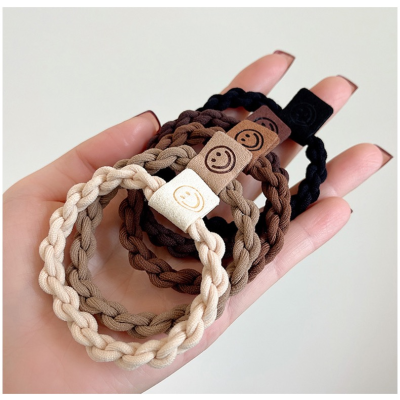 Autumn and Winter Milk Tea Color Headband Rubber Band Cute Smiley Face Leather Tag Hair Band Female Hair Rope Headdress Leather Cover Wholesale