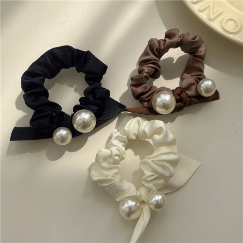 Korean New Retro Temperament Satin with Pearl Large Intestine Hair Band All-Match Basic Tie Hair Rubber Band Hair Rope for Women