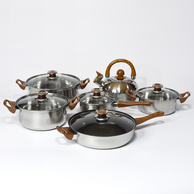 Hz348 Stainless Steel 12 Pieces Pot Set Wood Grain Handle Strap Kettle Pot Combination Kitchen Cooking Pot Set