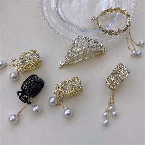 metal rhinestone pearl tassel barrettes temperament female crown twist clip high ponytail fixing artifact back head hair accessories