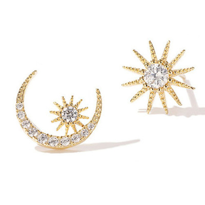Sterling Silver Needle Star and Moon Stud Earring New Trendy Asymmetric Internet-Famous Elegant Earrings Wholesale Women's B495