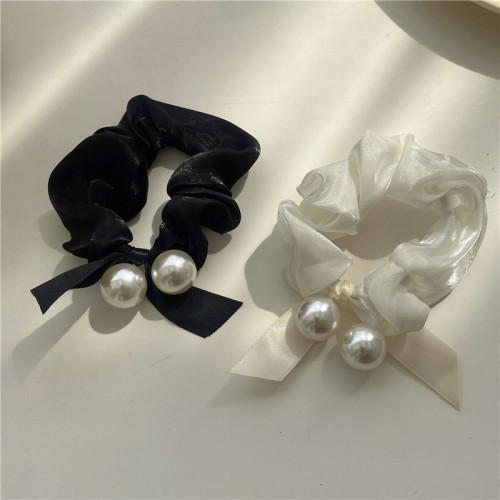 Korean Style High-Grade Satin Pearl French Bow Large Intestine Hair Ring Simple temperament Ponytail Rubber Band Hair Rope Female