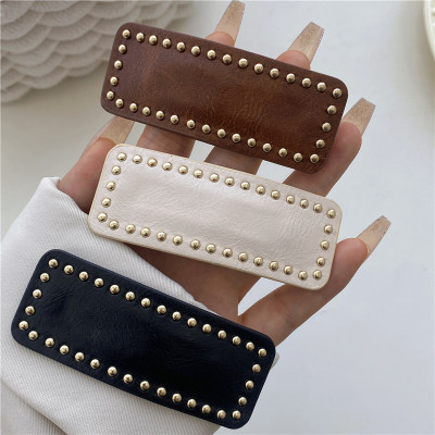 Korean Style Retro Autumn and Winter Beaded Leather Solid Color Square BB Clip Simple Temperament Bangs Barrettes All-Match Hair Accessories
