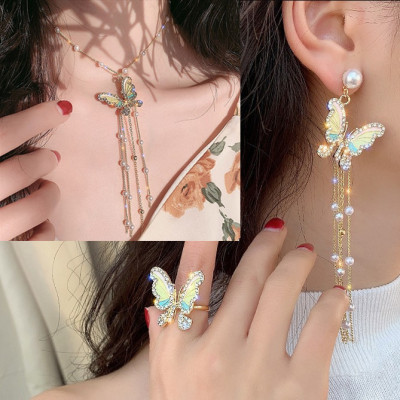 Korean Style Diamond Butterfly Pearl Tassel Butterfly Necklace Cold Style Clavicle Chain Ring Stud Earrings