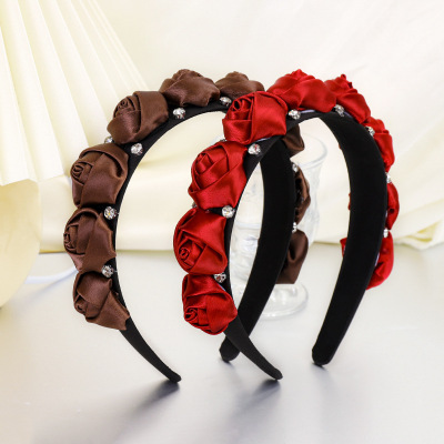 Cross-Border European and American Style New Hair Tie Fashion Solid Color Rose Fabric Headdress Hairpin Diamond Women's Headband R201