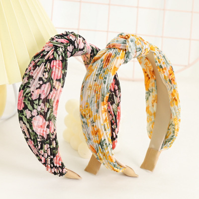 Factory Wholesale Japan and South Korea Pleated Print Knotted Hair Hoop Cross-Border Headband Fresh Cloth Internet Celebrity Hairpin for Hair Washing F522
