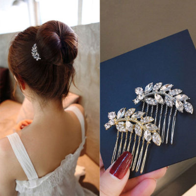 Japanese and Korean Partysu Rhinestone Leaves Hairpin Comb Updo Clip Girl's Hair Hoop Inverted Plug Comb Trumpet Bangs Comb
